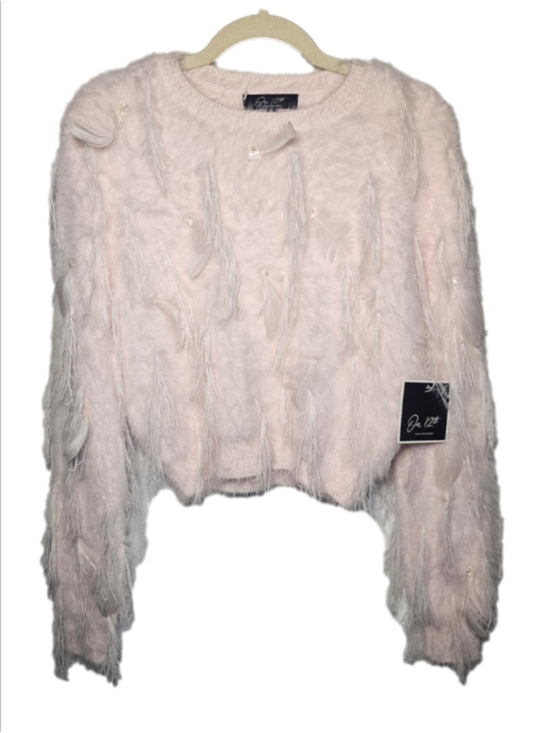 On 12th Sweaters - On 12th Pink Ostrich Feather Trim Eyelash Fuzzy Sweater Pearls Medium NWT